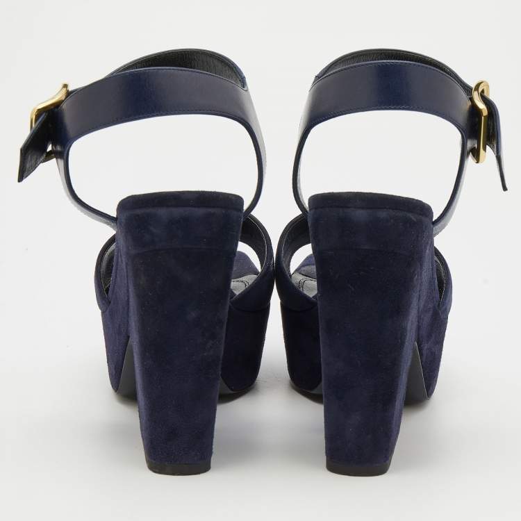 Pre Owned Celine Navy Blue Suede And Leather Platform Block Heel Ankle Strap Sandals Size 38