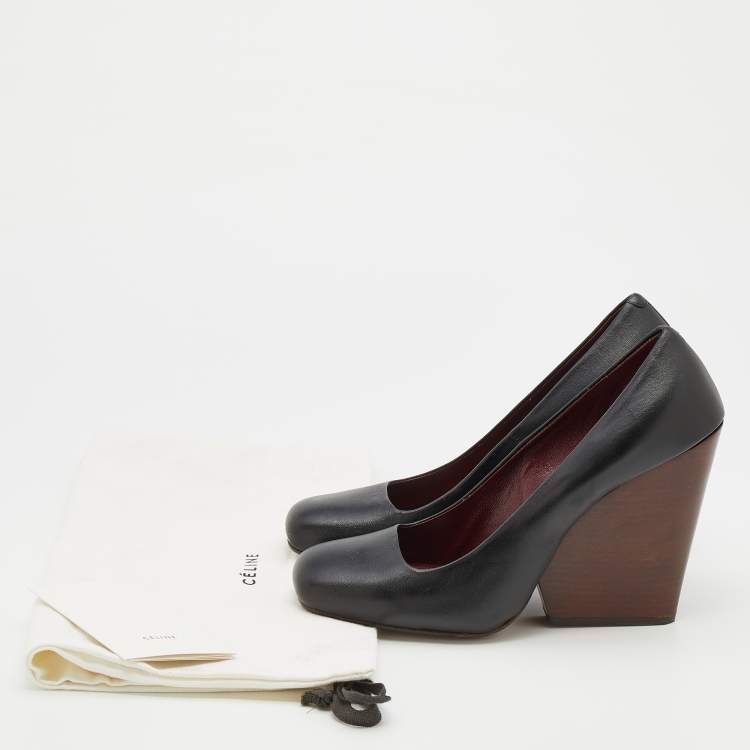 Pre Owned Celine Black Leather Square Toe Wedge Pumps Size 39