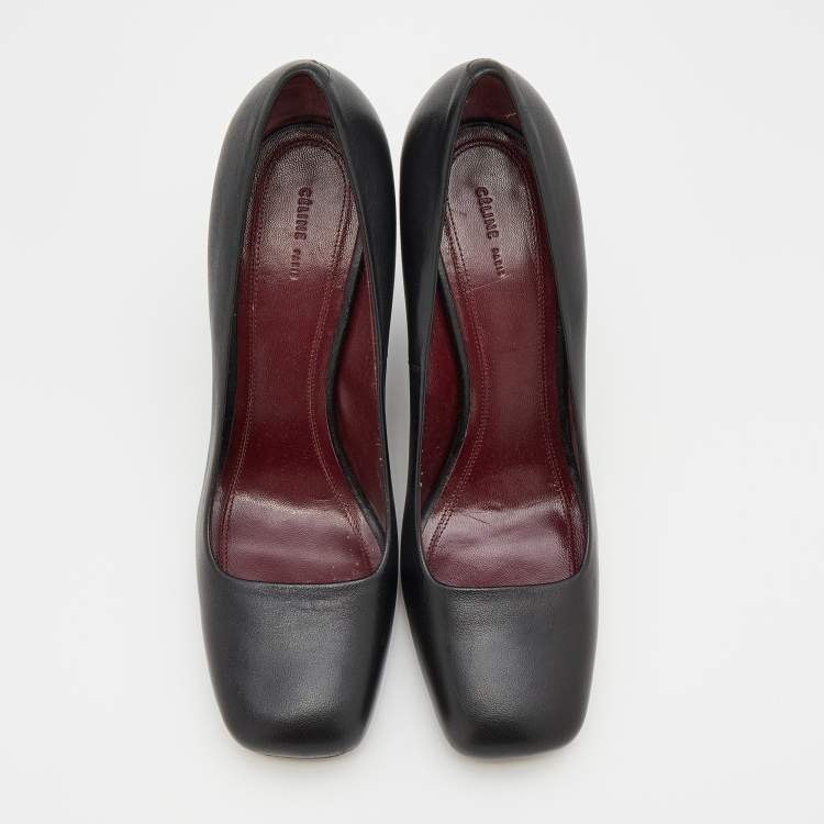 Pre Owned Celine Black Leather Square Toe Wedge Pumps Size 39