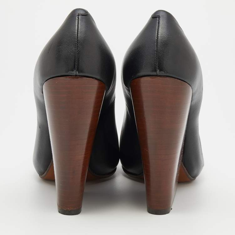 Pre Owned Celine Black Leather Square Toe Wedge Pumps Size 39