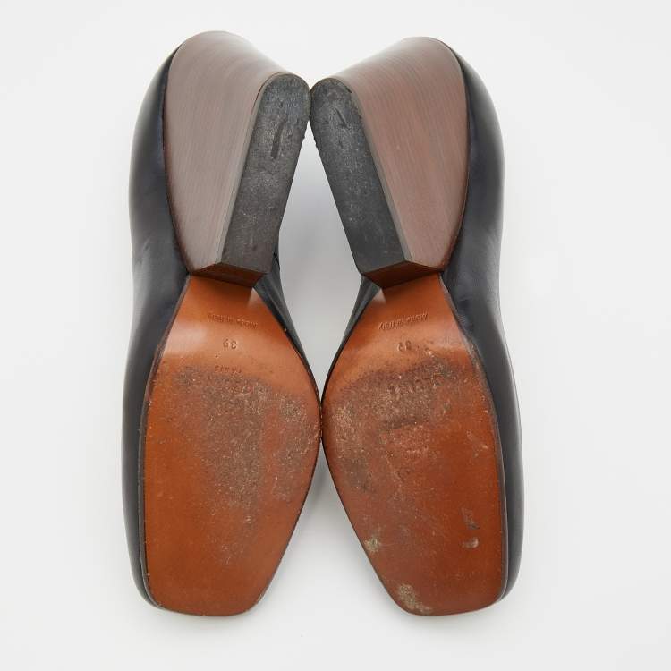 Pre Owned Celine Black Leather Square Toe Wedge Pumps Size 39