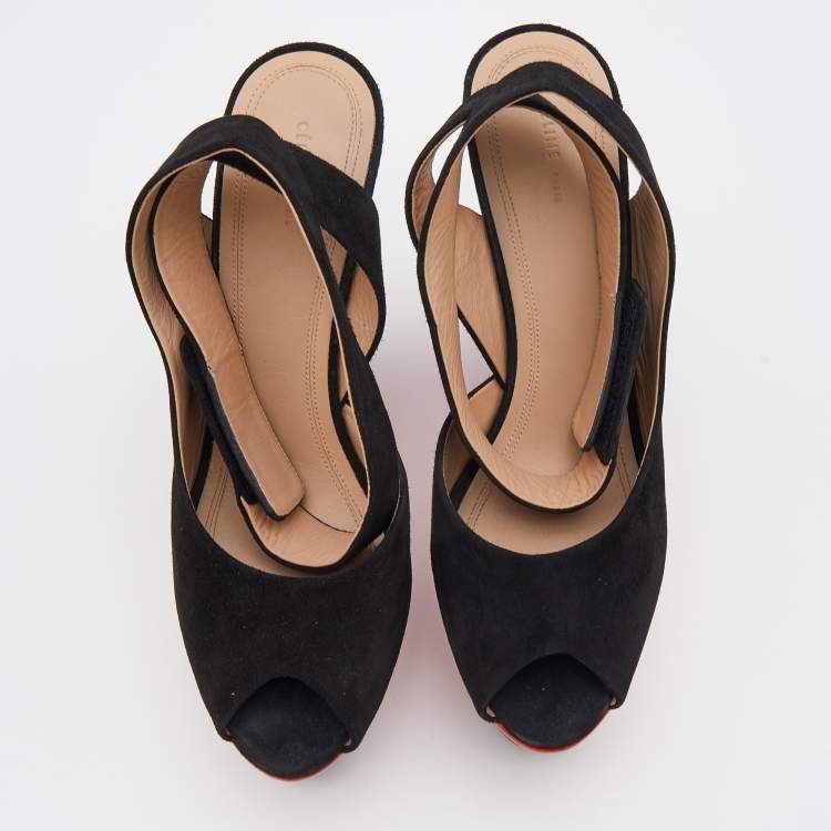 Pre Owned Celine Black Suede Ankle Strap Peep Toe Platform Sandals Size 40