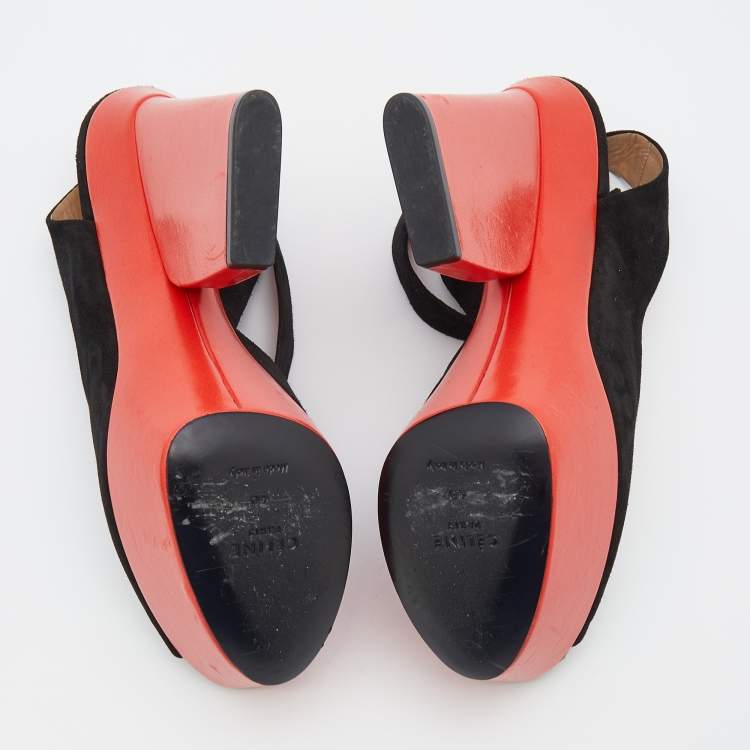 Pre Owned Celine Black Suede Ankle Strap Peep Toe Platform Sandals Size 40