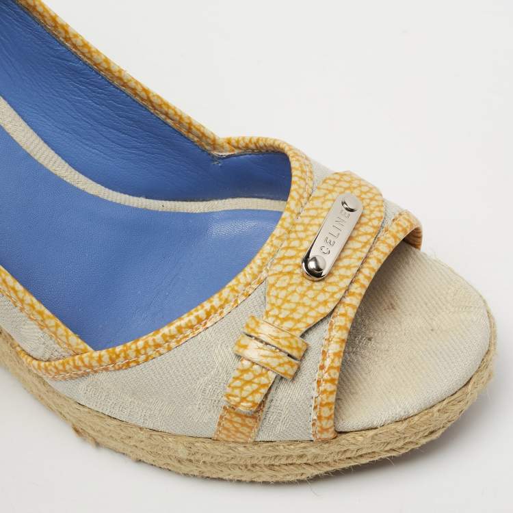 Pre Owned Celine Light Grey Fabric Espadrille Wedge Ankle Tie Sandals Size 39