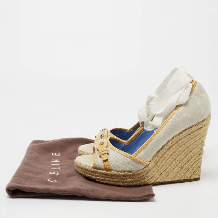 Pre Owned Celine Light Grey Fabric Espadrille Wedge Ankle Tie Sandals Size 39