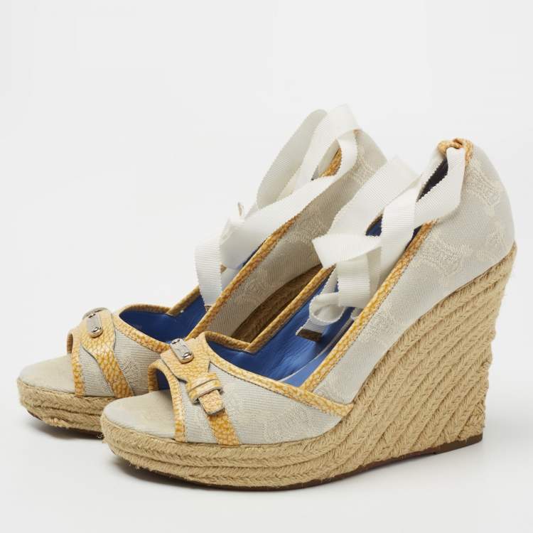 Pre Owned Celine Light Grey Fabric Espadrille Wedge Ankle Tie Sandals Size 39