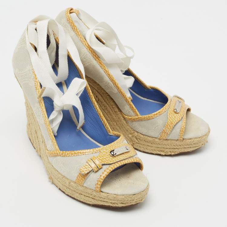 Pre Owned Celine Light Grey Fabric Espadrille Wedge Ankle Tie Sandals Size 39