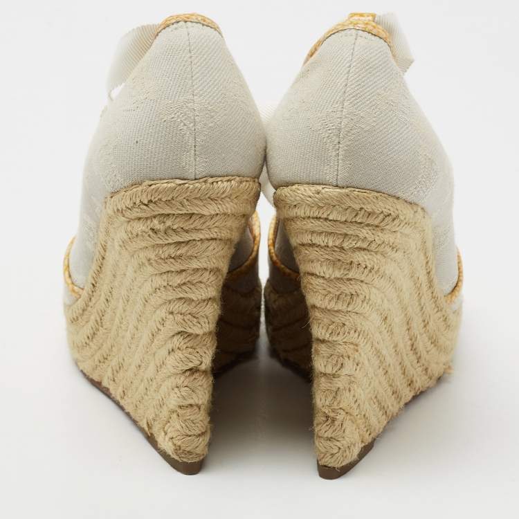 Pre Owned Celine Light Grey Fabric Espadrille Wedge Ankle Tie Sandals Size 39