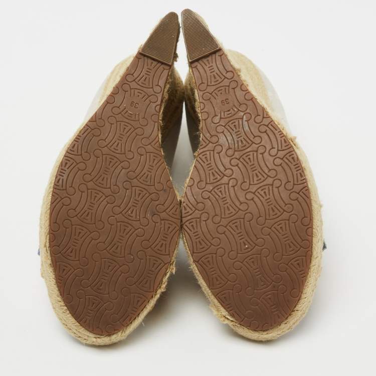 Pre Owned Celine Light Grey Fabric Espadrille Wedge Ankle Tie Sandals Size 39