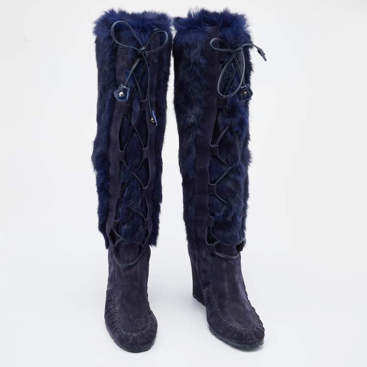Pre Owned Celine Blue Fur and Suede Knee Length Boots Size 38
