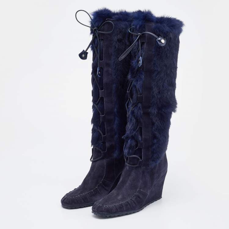 Pre Owned Celine Blue Fur and Suede Knee Length Boots Size 38