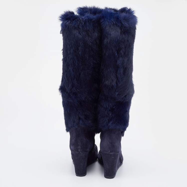 Pre Owned Celine Blue Fur and Suede Knee Length Boots Size 38