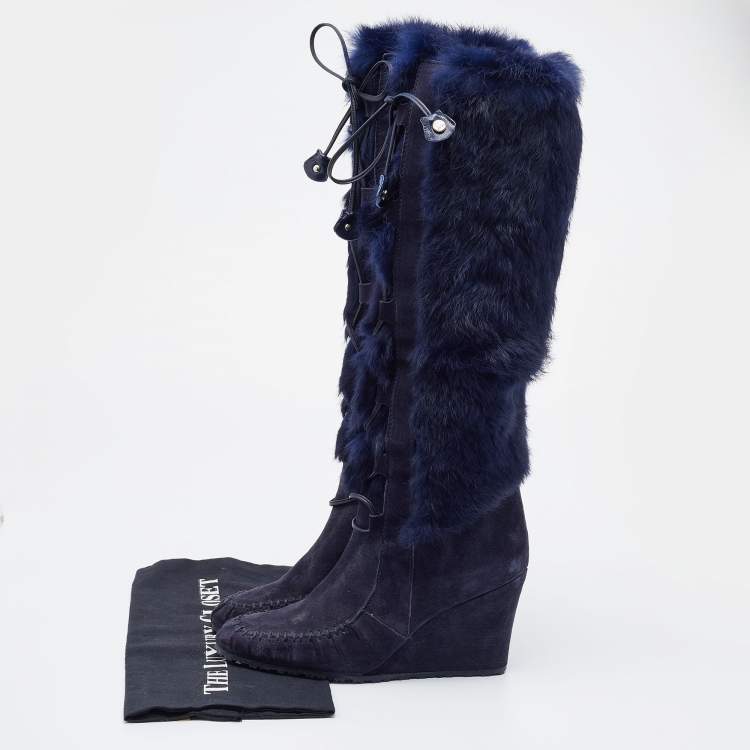 Pre Owned Celine Blue Fur and Suede Knee Length Boots Size 38
