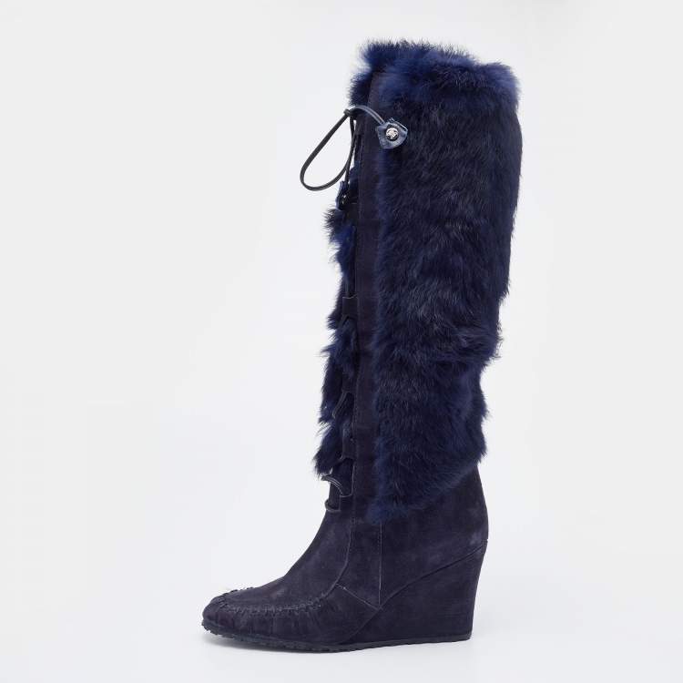 Pre Owned Celine Blue Fur and Suede Knee Length Boots Size 38