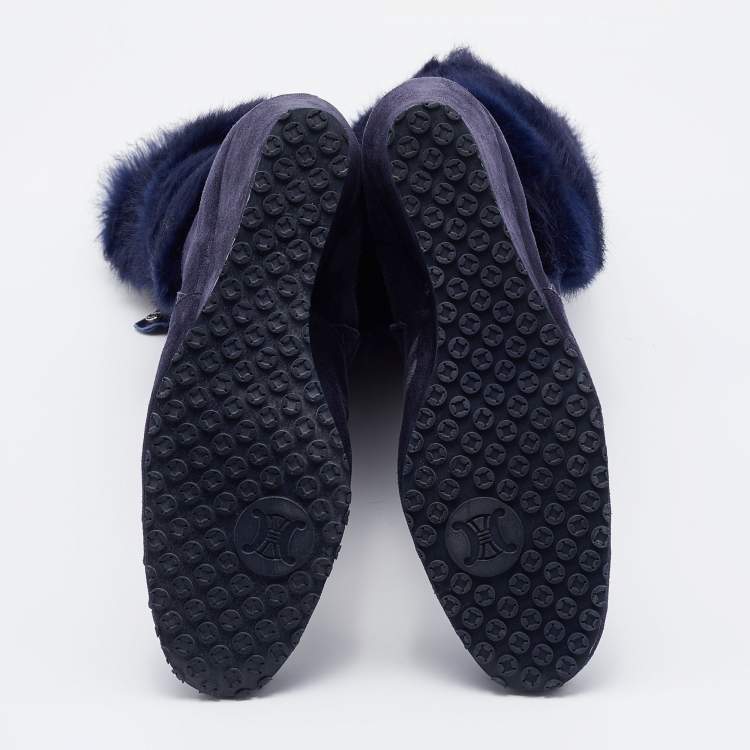 Pre Owned Celine Blue Fur and Suede Knee Length Boots Size 38