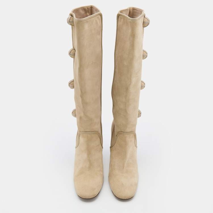Pre Owned Celine Beige Suede Side Button Detail Knee Length Boots Size 39