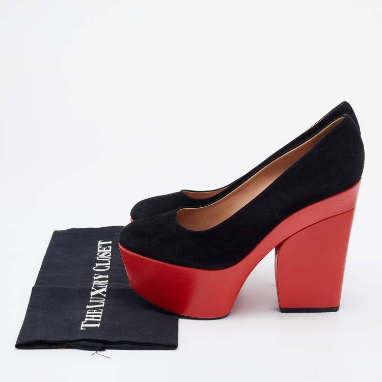 Pre Owned Celine Black Suede Color Block Platform Pumps Size 41