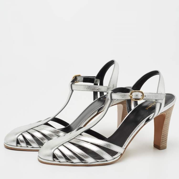 Pre Owned Celine Silver Leather Ankle Strap Pumps Size 36
