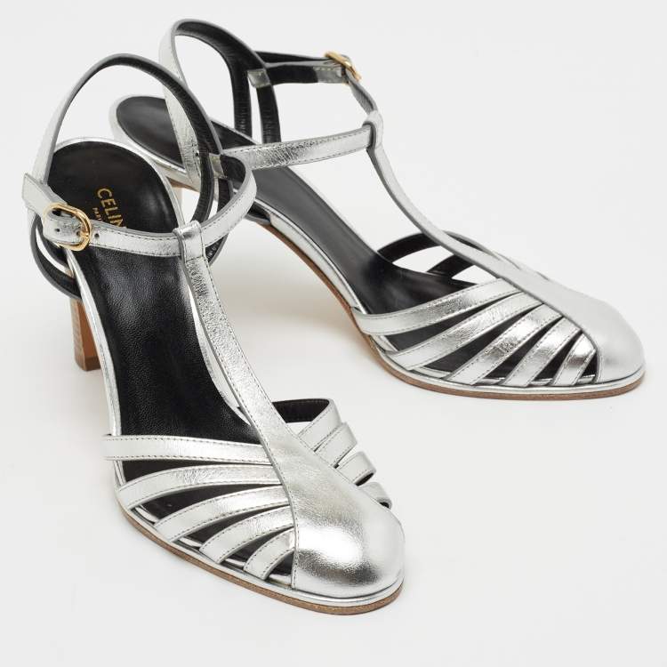 Pre Owned Celine Silver Leather Ankle Strap Pumps Size 36