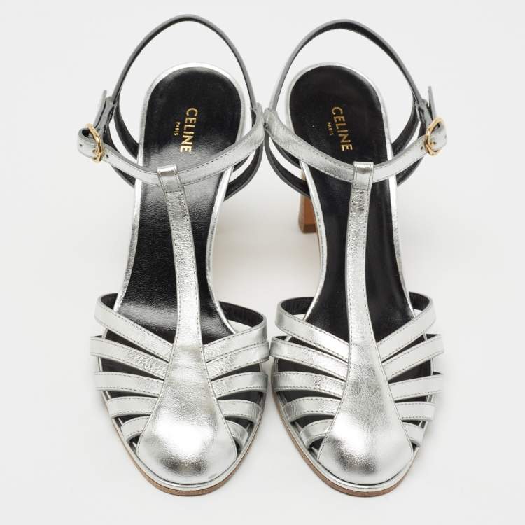 Pre Owned Celine Silver Leather Ankle Strap Pumps Size 36