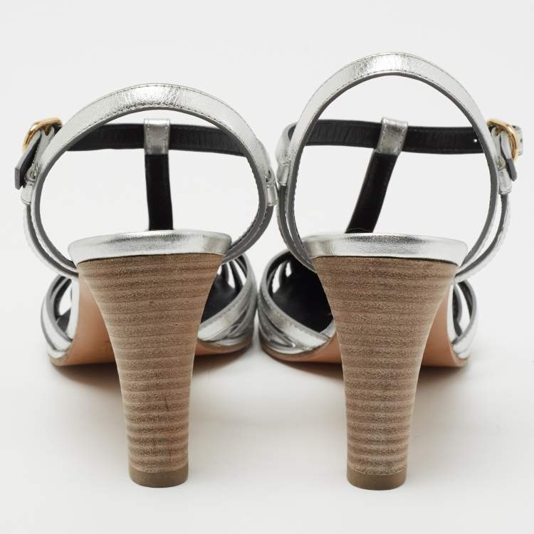 Pre Owned Celine Silver Leather Ankle Strap Pumps Size 36