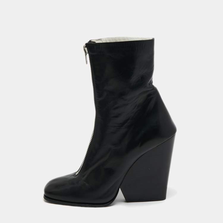 Pre Owned Celine Black Leather Zipper Wedge Boots Size 38