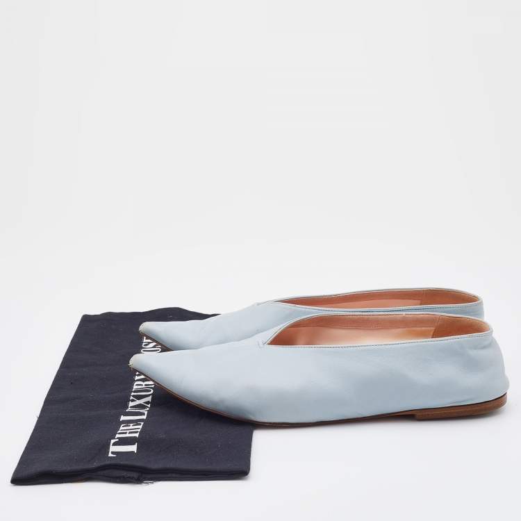 Pre Owned Celine Light Blue Leather V-Neck Ballet Flats Size 38