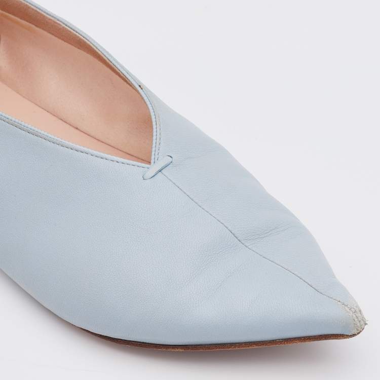 Pre Owned Celine Light Blue Leather V-Neck Ballet Flats Size 38