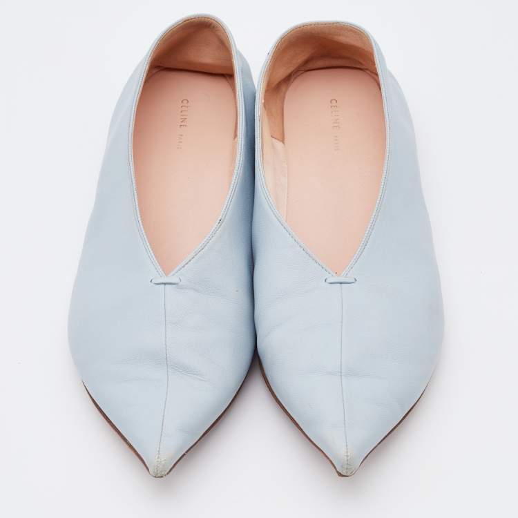 Pre Owned Celine Light Blue Leather V-Neck Ballet Flats Size 38
