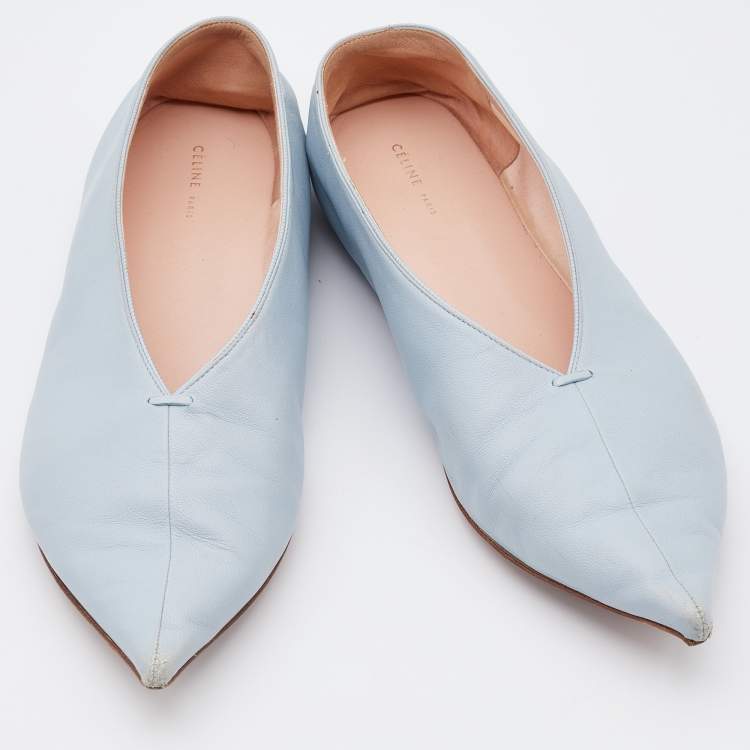 Pre Owned Celine Light Blue Leather V-Neck Ballet Flats Size 38