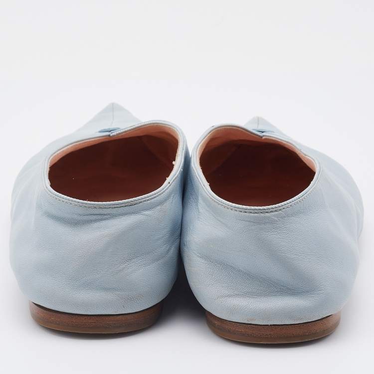 Pre Owned Celine Light Blue Leather V-Neck Ballet Flats Size 38