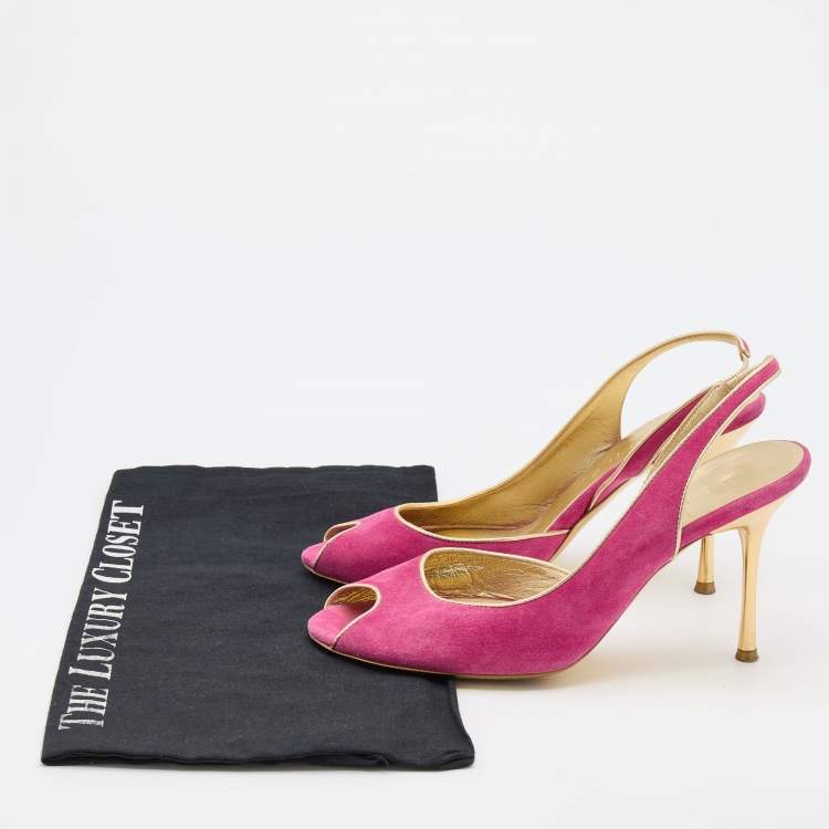 Pre Owned Celine Pink/Gold Suede and Leather Peep Toe Slingback D'Orsay Pumps Size 37