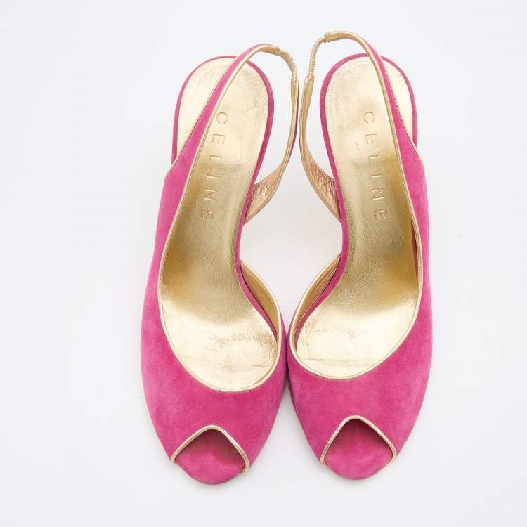 Pre Owned Celine Pink/Gold Suede and Leather Peep Toe Slingback D'Orsay Pumps Size 37