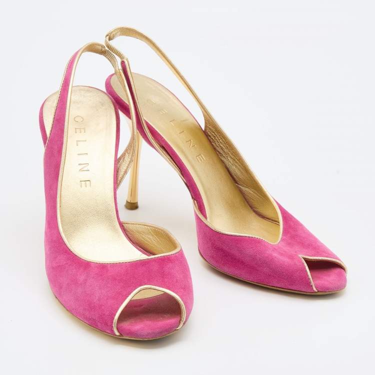 Pre Owned Celine Pink/Gold Suede and Leather Peep Toe Slingback D'Orsay Pumps Size 37