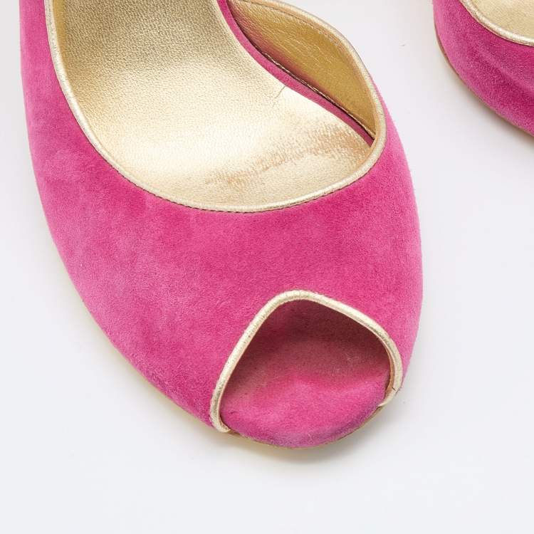 Pre Owned Celine Pink/Gold Suede and Leather Peep Toe Slingback D'Orsay Pumps Size 37