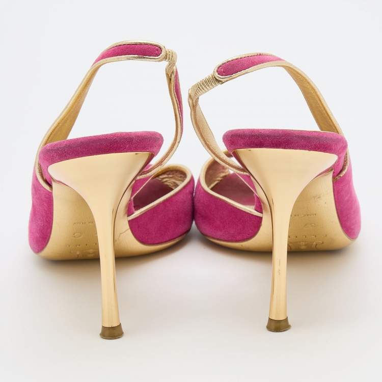 Pre Owned Celine Pink/Gold Suede and Leather Peep Toe Slingback D'Orsay Pumps Size 37