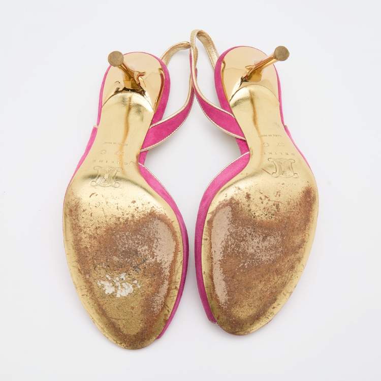 Pre Owned Celine Pink/Gold Suede and Leather Peep Toe Slingback D'Orsay Pumps Size 37