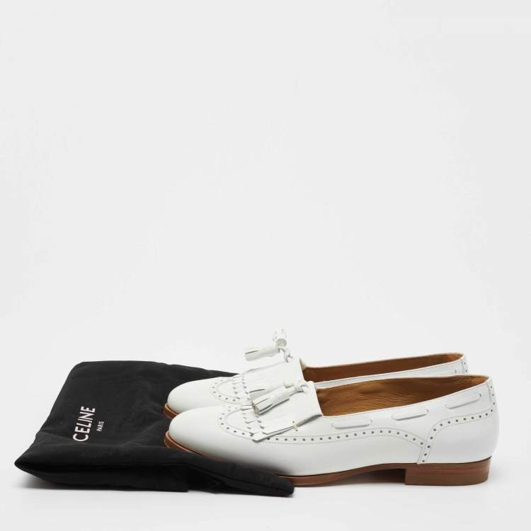 Pre Owned Celine White Leather Tassel Detail Slip On Loafers Size 38