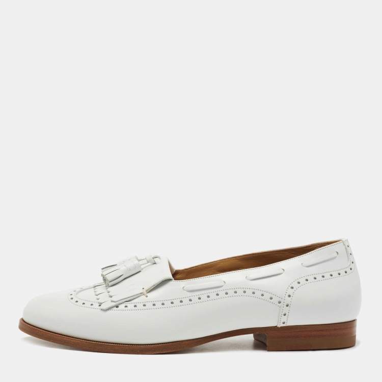 Pre Owned Celine White Leather Tassel Detail Slip On Loafers Size 38