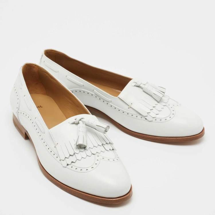 Pre Owned Celine White Leather Tassel Detail Slip On Loafers Size 38