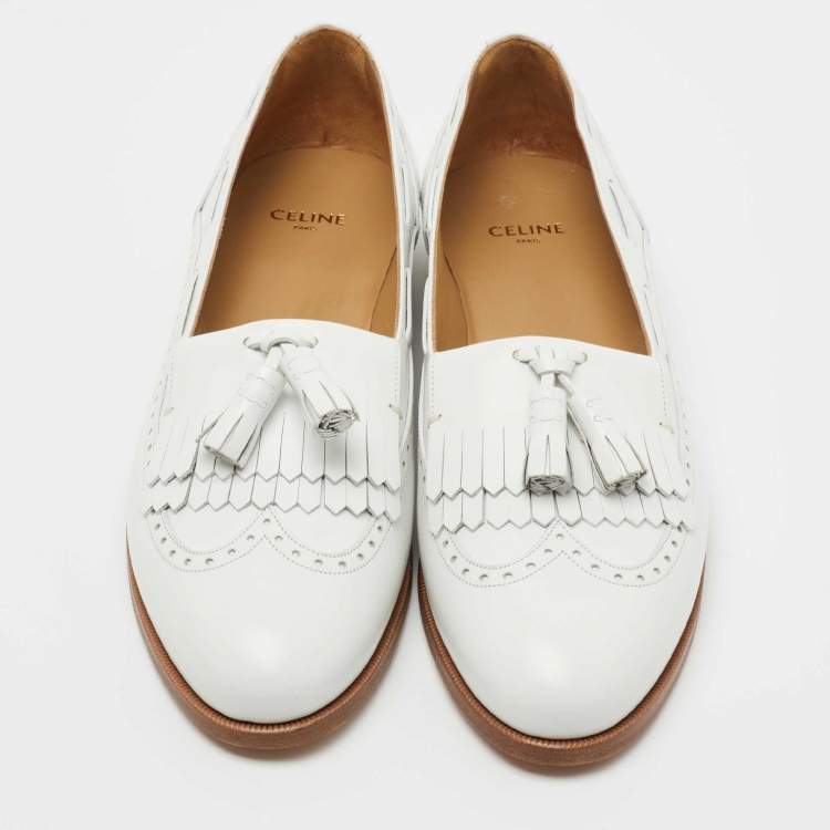 Pre Owned Celine White Leather Tassel Detail Slip On Loafers Size 38