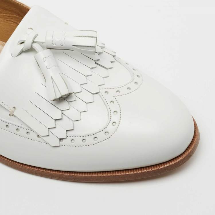 Pre Owned Celine White Leather Tassel Detail Slip On Loafers Size 38