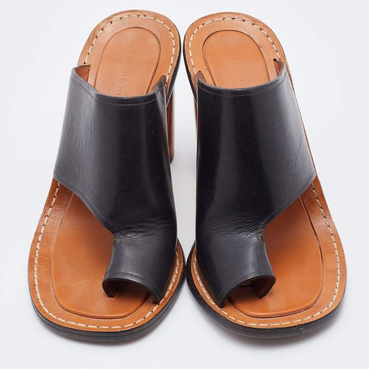Pre Owned Celine Black Leather Toe Ring Slide Sandals Size 37