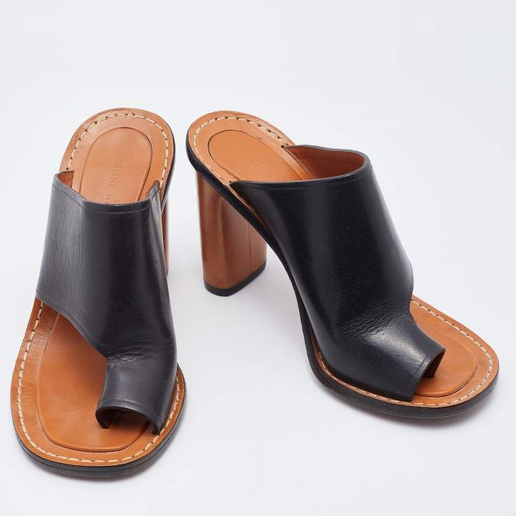 Pre Owned Celine Black Leather Toe Ring Slide Sandals Size 37