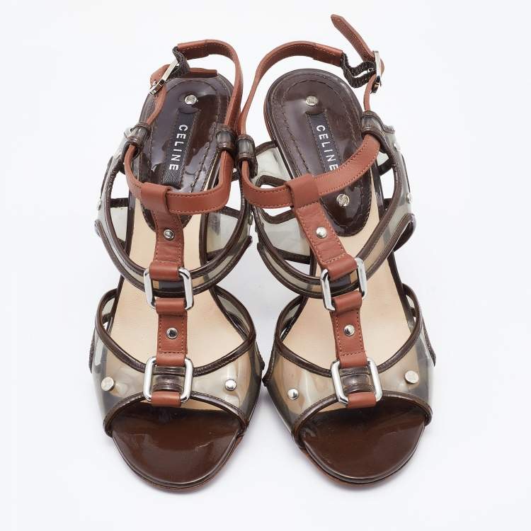 Pre Owned Celine Brown Leather and PVC Caged Studded Ankle Strap Sandals Size 37.5