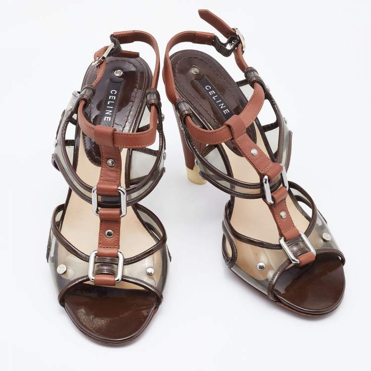 Pre Owned Celine Brown Leather and PVC Caged Studded Ankle Strap Sandals Size 37.5