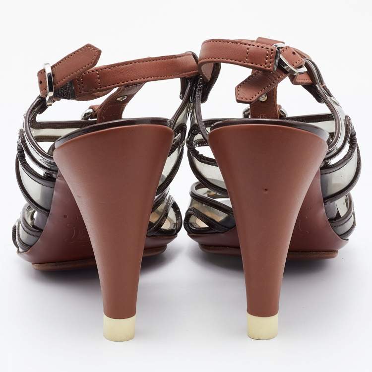 Pre Owned Celine Brown Leather and PVC Caged Studded Ankle Strap Sandals Size 37.5