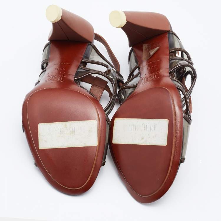 Pre Owned Celine Brown Leather and PVC Caged Studded Ankle Strap Sandals Size 37.5