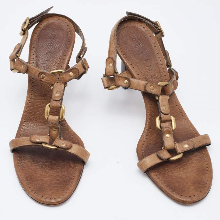 Pre Owned Celine Two Tone Brown Leather T-Strap Sandals Size 37