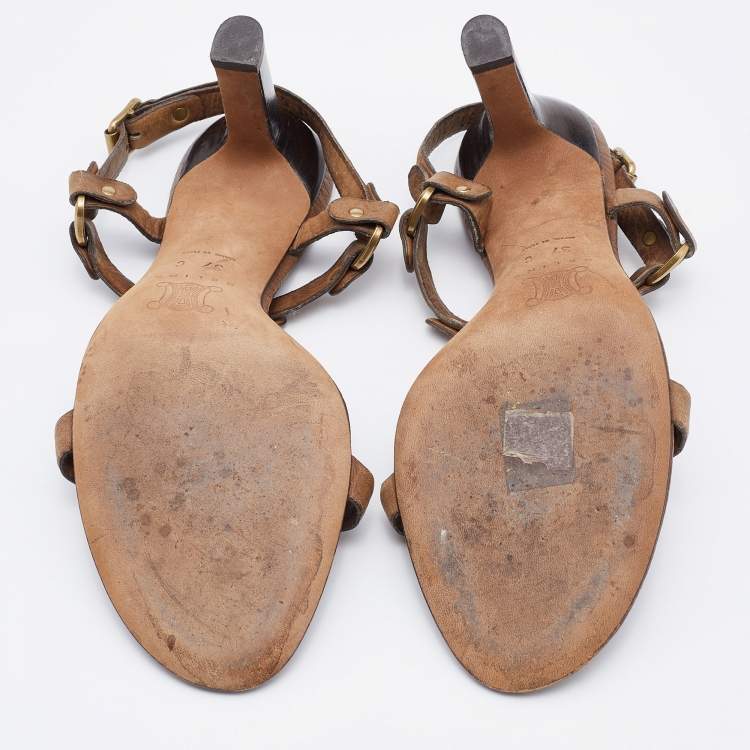 Pre Owned Celine Two Tone Brown Leather T-Strap Sandals Size 37